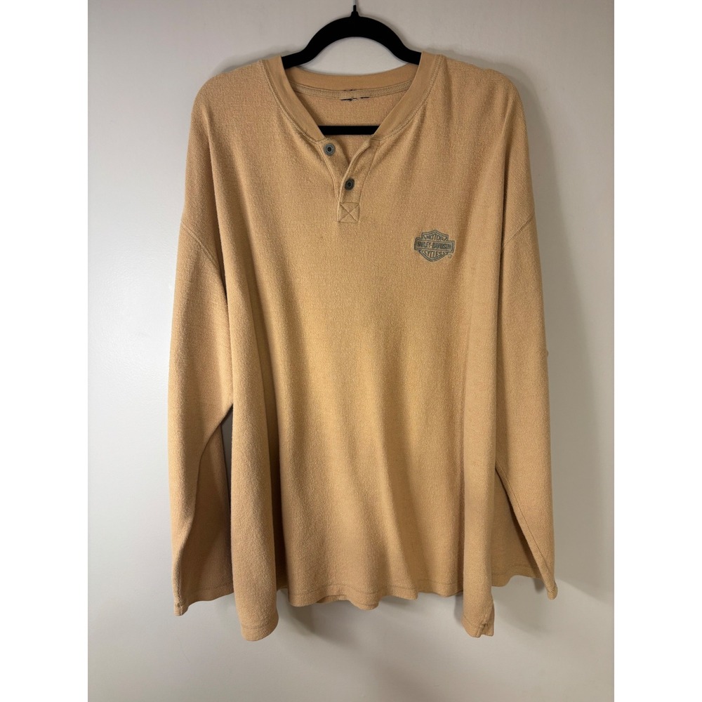 Harley Davidson Long Sleeve Henley Shirt Men's Tan Embroidered Logo